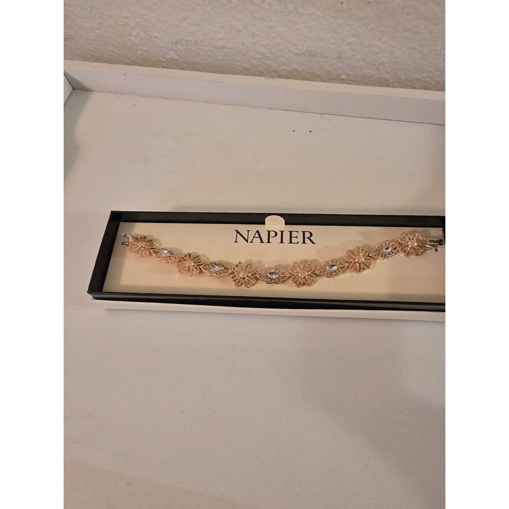 Napier Rose Gold Tone Floral Crystal Filigree Link Bracelet with Box